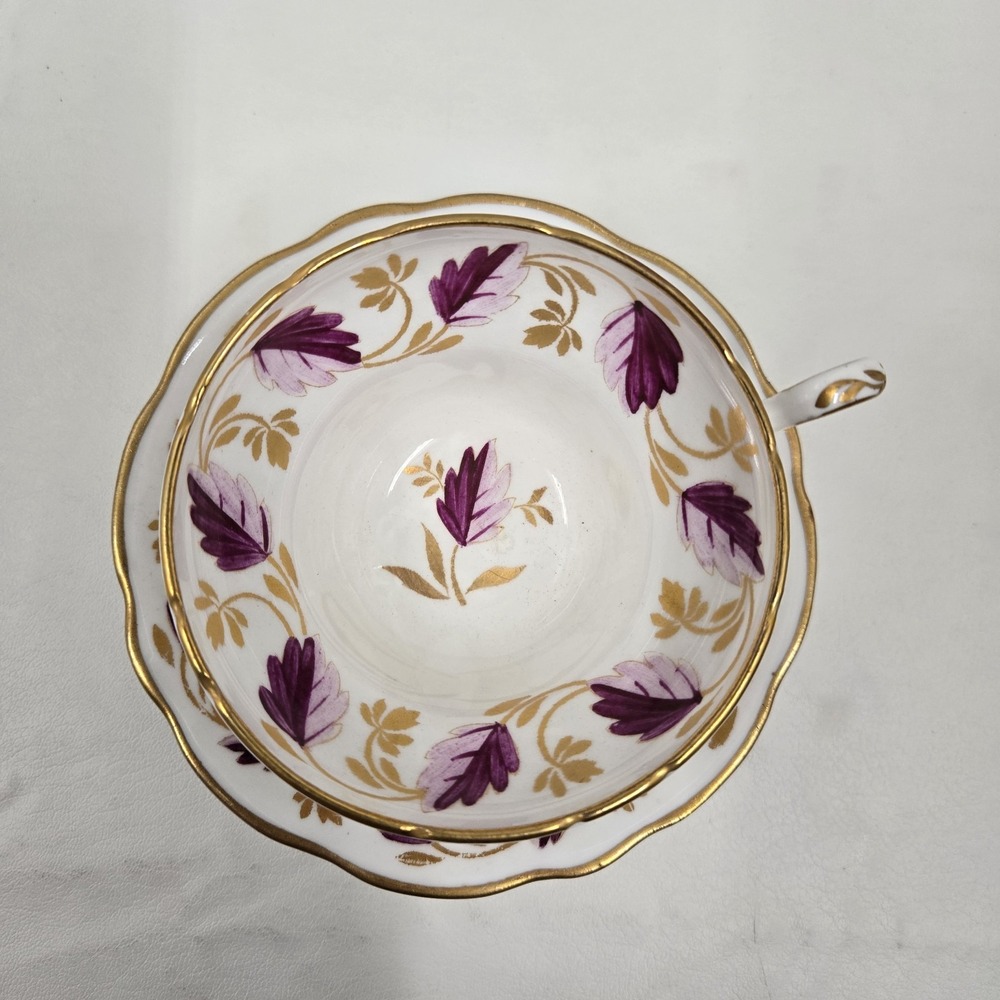 Foley English Bone China Teacup & Saucer Set Purple Gold Leaves Vintage V2390